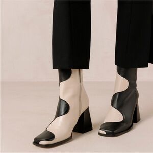 ALOHAS Black and Cream Heeled Boots Square Toed